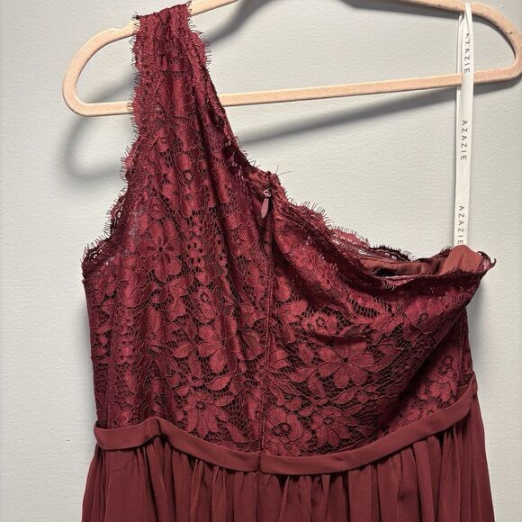Azazie A20 1 Shoulder Maroon Lace Chiffon Bridesmaid Dress Pockets Slit Lined - Picture 7 of 9